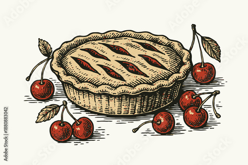 Hand-drawn cherry pie surrounded by whole cherries, vintage sketch style on light background, concept of homemade dessert and baking