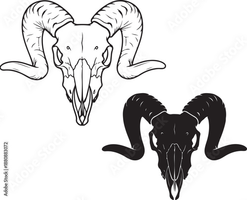 Two ram skulls, one a detailed outline drawing and the other a solid black silhouette, showcasing their distinct forms