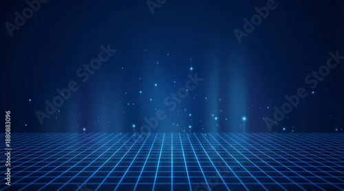 Futuristic Blue Grid Horizon With Neon Dots And Digital Glow For Tech, Sci‑Fi Or Abstract Background.