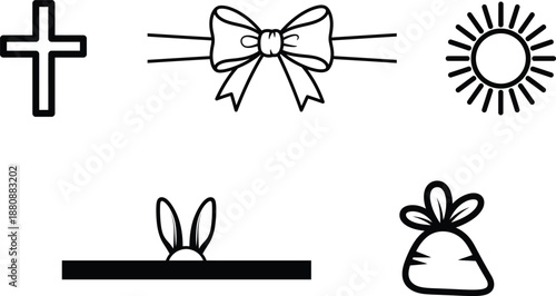 Collection of various simple line icons including cross bow sun bag and rabbit ears