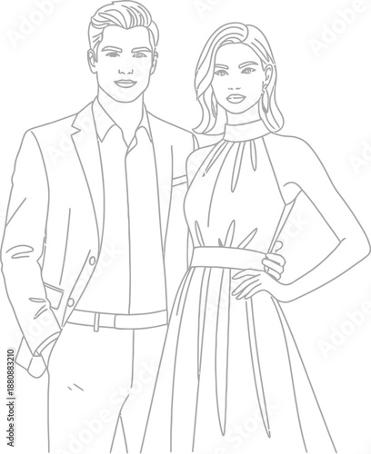 Elegant line art drawing of a sophisticated couple dressed formally for a stylish modern event or exclusive black tie occasion