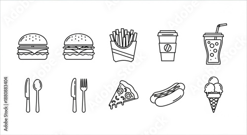 Fast food icons burger pizza fries and soda in a minimalist black and white line art style perfect for restaurant menus food delivery apps and culinary themed design projects