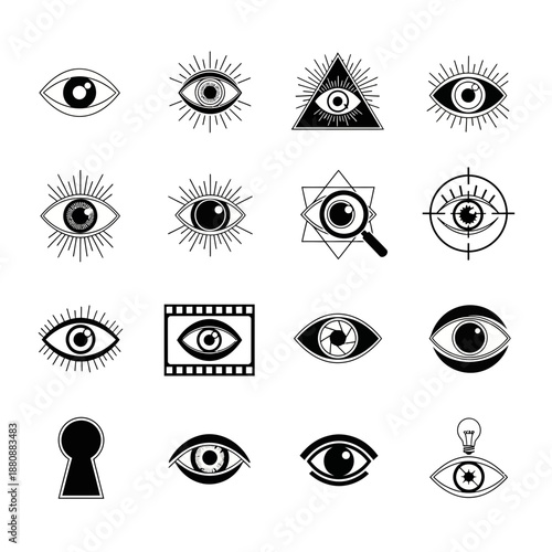 Collection of various eye icons in black and white