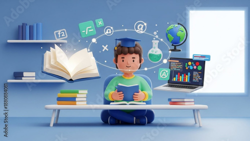 Student Boy Studying with Digital Education Icons at Desk, 3D Render Illustration