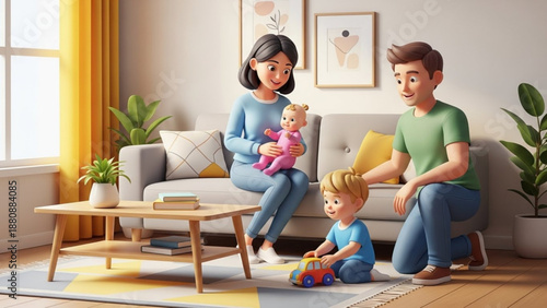 Happy Cartoon Family with Baby and Toddler Playing in Modern Living Room 3D Illustration