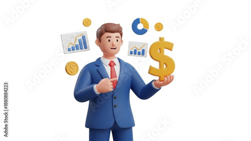 3D Businessman Holding Dollar Sign, Analyzing Financial Data with Charts, Isolated on White