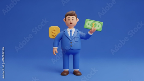 3D Businessman Holding Dollar Bill and Coin Isolated on Blue Background