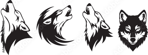 Set of black and white wolf head logos in different styles  vector illustration