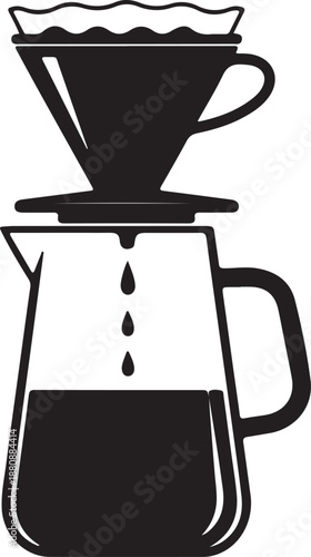 Pour over coffee maker with coffee dripping into glass carafe isolated on transparent background