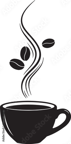 Steaming cup of coffee with coffee beans and swirling vapor on transparent background