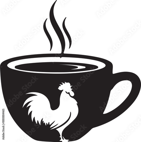 Steaming cup of coffee with rooster silhouette on transparent background illustration