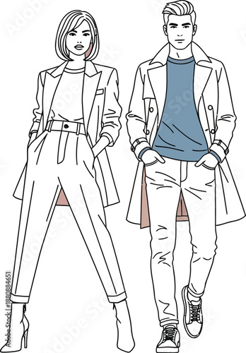Stylish minimal line art illustration depicting a fashionable couple dressed in contemporary outerwear and casual separates standing confidently together.