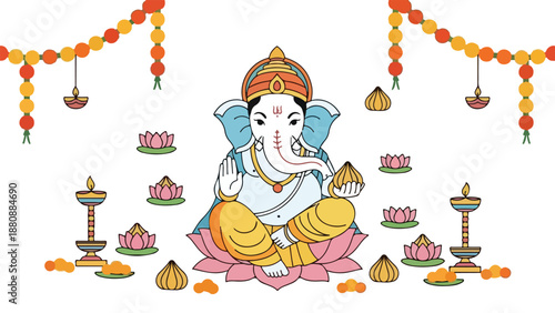 Minimalist Ganesha Illustration Seated on Lotus Flower with Marigold Garlands and Diyas