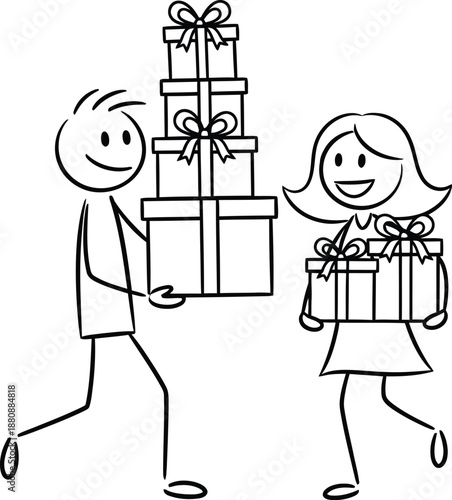 Stick figure couple happily exchanging or carrying multiple wrapped gift boxes with ribbons and bows indicating celebration or shopping excitement