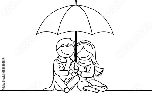 Simple line art drawing depicting a happy couple sharing an umbrella while sitting closely together on a straight ground line outdoors.