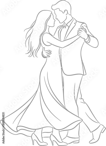 Elegant black and white line art illustration depicting a sophisticated couple gracefully engaged in a romantic ballroom dance performance together.