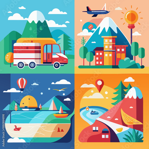 Set of Four Flat Vector Travel Landscapes Featuring Camping Van Mountain Resorts Beach Vacation and Nature Exploration Scenes