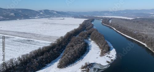 River Danube aerial view in winter. Dunabogdany, Hungary. 2026.