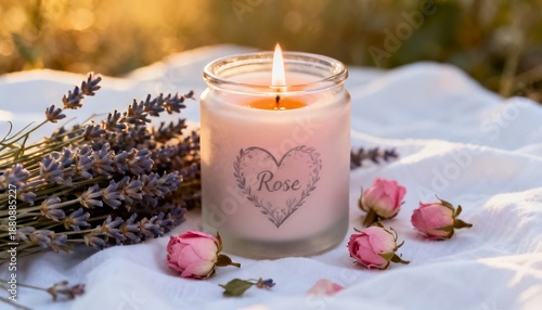 Candlelit Romance: Rose Bouquet and Words of Affection on Blurred Candle