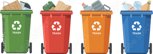 Colorful Wheeled Trash Cans Filled with Garbage on White Background vector illustration