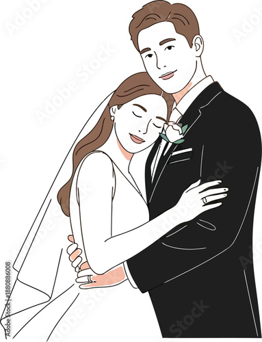 Charming illustration of a newly married bride tenderly embracing her handsome groom wearing a classic black tuxedo following their beautiful wedding ceremony celebration