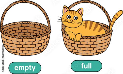 Empty woven basket next to a basket full of an orange tabby cat Keywords: empty, full, basket, cat, tabby, orange, woven, wicker