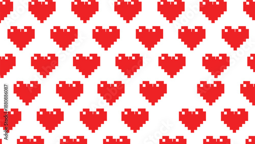 Seamless repeating pattern of red pixelated hearts on a white background, representing love and romance in a retro 8-bit video game style.
