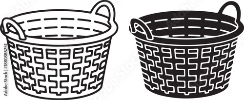 Woven plastic laundry basket for carrying clothing items shown in simple line art and filled silhouette
