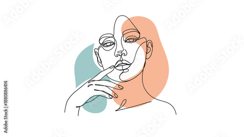 Minimalist portrait of a woman's face created with a single continuous black line, complemented by abstract pastel color shapes in the background.