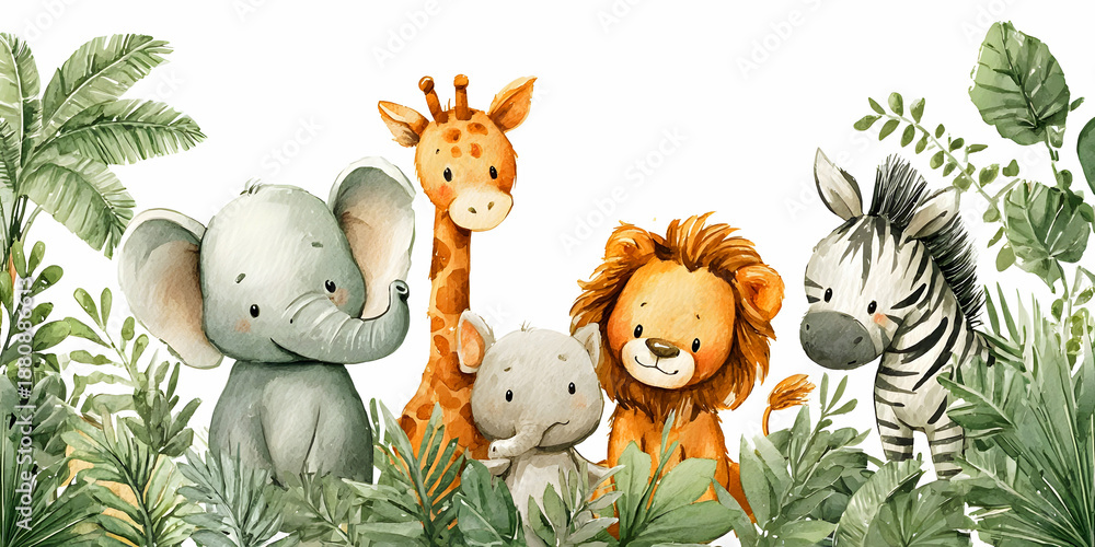 Naklejka premium Little Wilds: Jungle Friends in Bloom, ai generated.