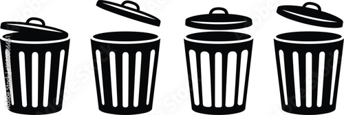 Four black silhouette icons of trash cans with lids in various open and closed positions on a white background