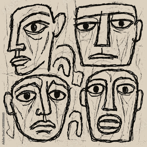 Four expressive faces in a modern art style on a textured background.
