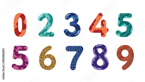 Fun and colorful set of cartoon numbers from zero to nine, each with a unique bright pattern and texture, perfect for kids' designs.