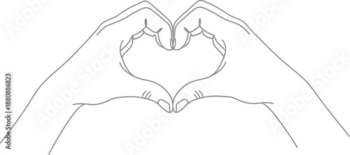 Minimalist line art illustration of two hands forming a perfect heart shape against a clean white background symbolizing affection and care