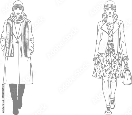 Female fashion transformation illustration showing a transition from heavy winter coat attire to a lighter spring floral dress outfit with casual outerwear