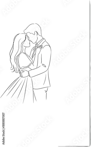 Minimalist line art illustration of a newly married couple embracing tenderly on a beautiful wedding invitation design template