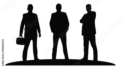 Silhouettes of Three Successful Business People Isolated on White. People at work, white collar workers and traders active and motivated vector art