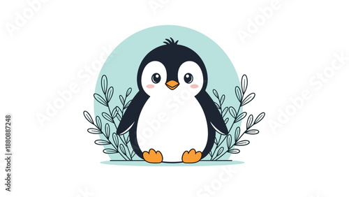 Sweet and simple illustration of a cute baby penguin character sitting among leafy branches against a soft blue circular background.