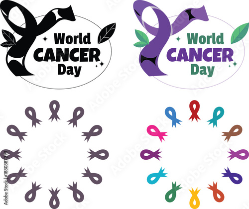 Cancer Awareness Ribbon icon set. World Cancer Day Symbols. Oncology emblem, charity sign, cancer prevention awareness, hope, medical campaign.