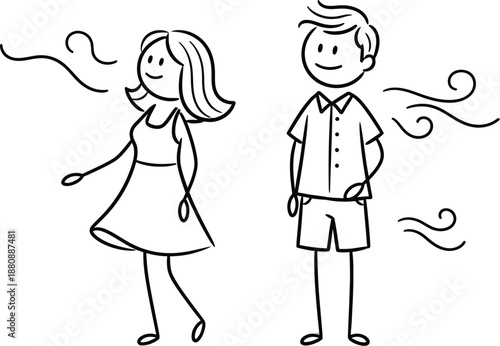 Simple stick figure drawing illustrating a couple standing apart while enjoying fresh air or perhaps expressing different emotional states through stylized breath lines.