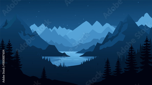 Serene Mountain Landscape Vector Illustration at Night with a Calm Lake and Starry Sky