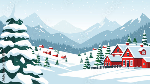 Charming winter village scene, a vector illustration of snow-covered houses and pine trees in a mountain landscape