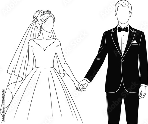 Minimalist black and white line art illustration depicting a newly married bride in a detailed gown holding hands with a groom in formal attire