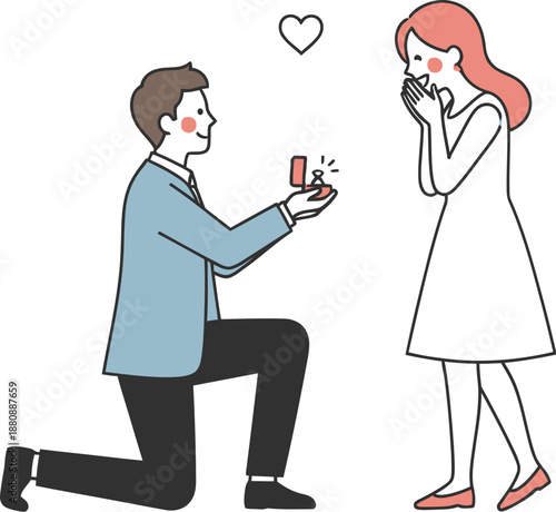Cartoon illustration depicts a man kneeling down presenting an engagement ring in a small box to a surprised woman showing affection.