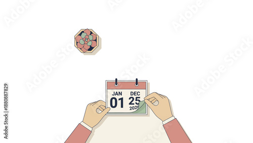 new year planning calendar hands turn a page from january 1st to december 25th 2026 representing time passing holidays and future goals.