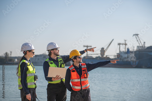 Professional engineering working at shipyard, Professional logistics monitoring cargo operations at industrial shipyard.