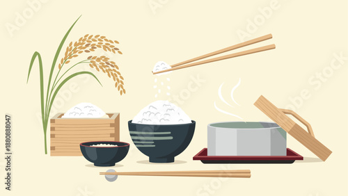 Traditional asian cuisine elements: rice, chopsticks, and cooking pot in minimalist design