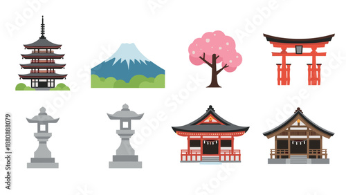 Japanese culture icons: pagoda, cherry blossom, shrine, lanterns in flat style