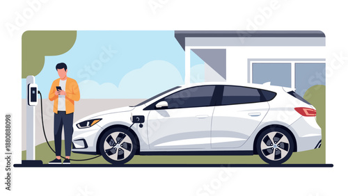 Electric car charging at home with person using smartphone in modern flat design