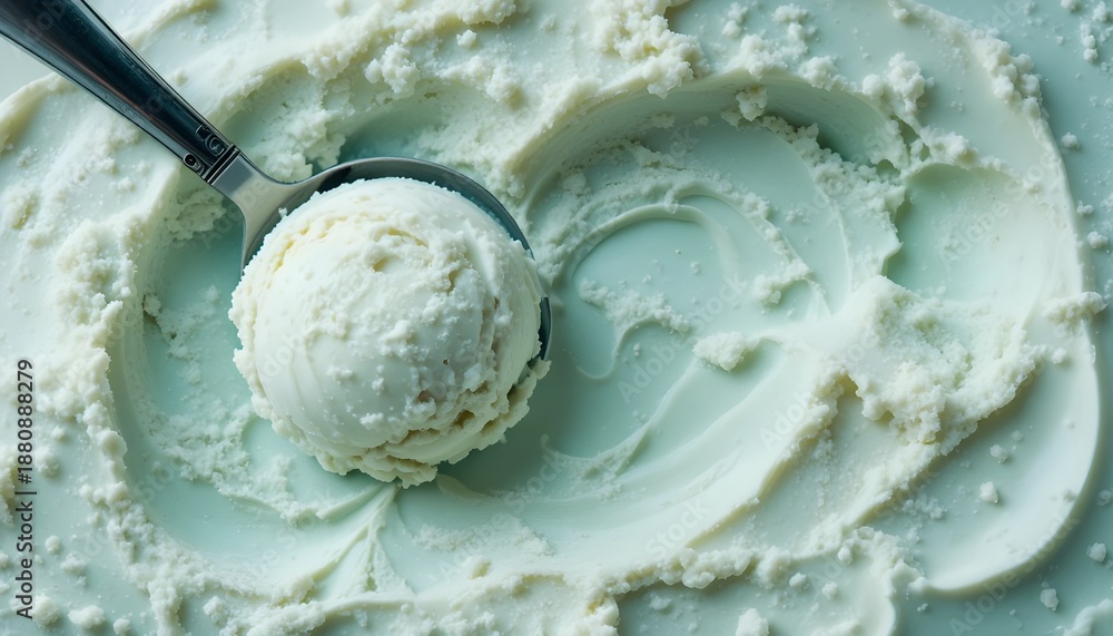 Obraz premium Creamy Mint Ice Cream Scoop on Textured Surface – Refreshing Frozen Dessert with Smooth Texture, Cool Pastel Color, Summer Treat & Gourmet Food Photography